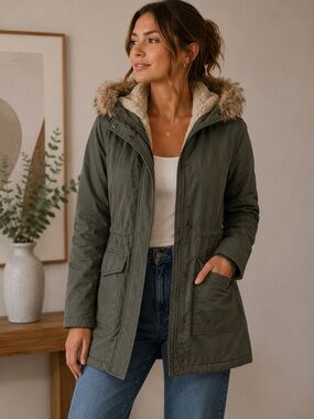 Levi's Green and Tan Utility Parka Jacket Sherpa Lined Women’s XS